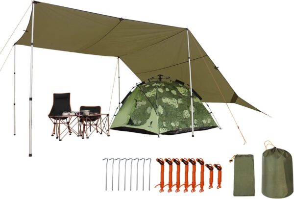 17 × 10 ft Large Camping Tent Tarp Outdoor Waterproof Flame Retardant Hammock Rain Fly Backpacking Tent Tarp Shelter for Hiking Travel Picnic(Not Includes Poles)