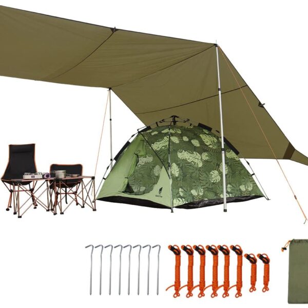 17 × 10 ft Large Camping Tent Tarp Outdoor Waterproof Flame Retardant Hammock Rain Fly Backpacking Tent Tarp Shelter for Hiking Travel Picnic(Not Includes Poles)