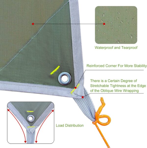 17 × 10 ft Large Camping Tent Tarp Outdoor Waterproof Flame Retardant Hammock Rain Fly Backpacking Tent Tarp Shelter for Hiking Travel Picnic(Not Includes Poles)