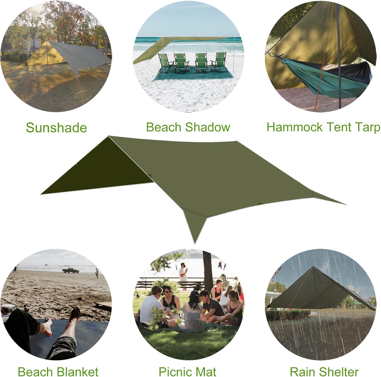 17 × 10 ft Large Camping Tent Tarp Outdoor Waterproof Flame Retardant Hammock Rain Fly Backpacking Tent Tarp Shelter for Hiking Travel Picnic(Not Includes Poles)