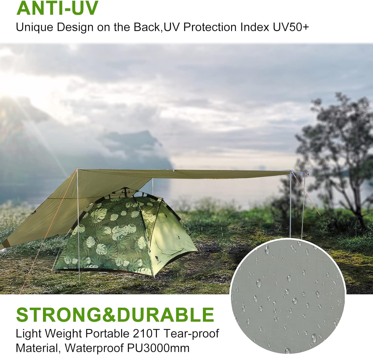 17 × 10 ft Large Camping Tent Tarp Outdoor Waterproof Flame Retardant Hammock Rain Fly Backpacking Tent Tarp Shelter for Hiking Travel Picnic(Not Includes Poles)