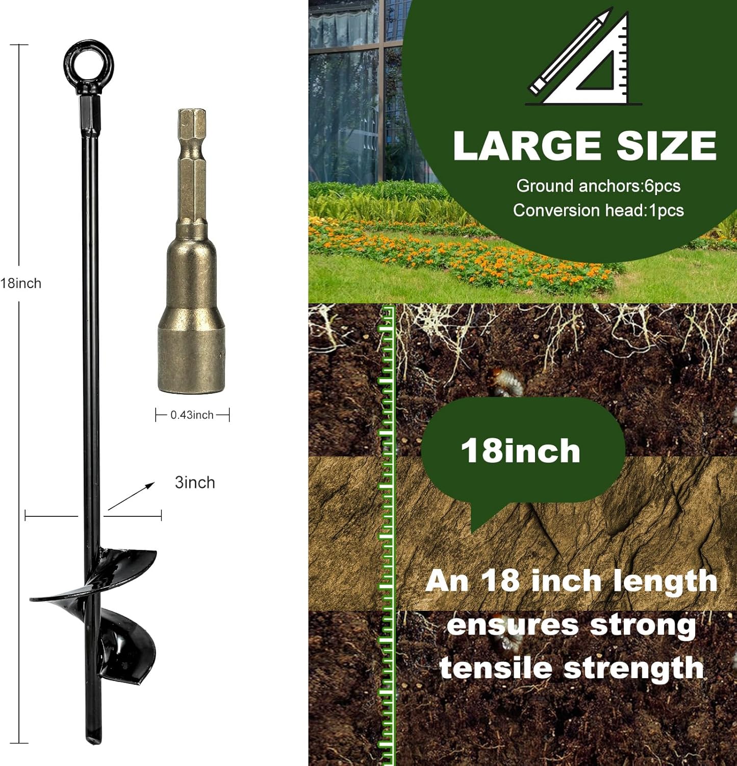 18\u201DGround Anchors，Trampoline Stakes， 3" Helix Diameter, with Drill Bits，Can Be Used Heavy Duty Anchor Hook for Camping Tent, Canopies, Car Ports, Sheds, Swing Sets, Securing Animals(6pcs)