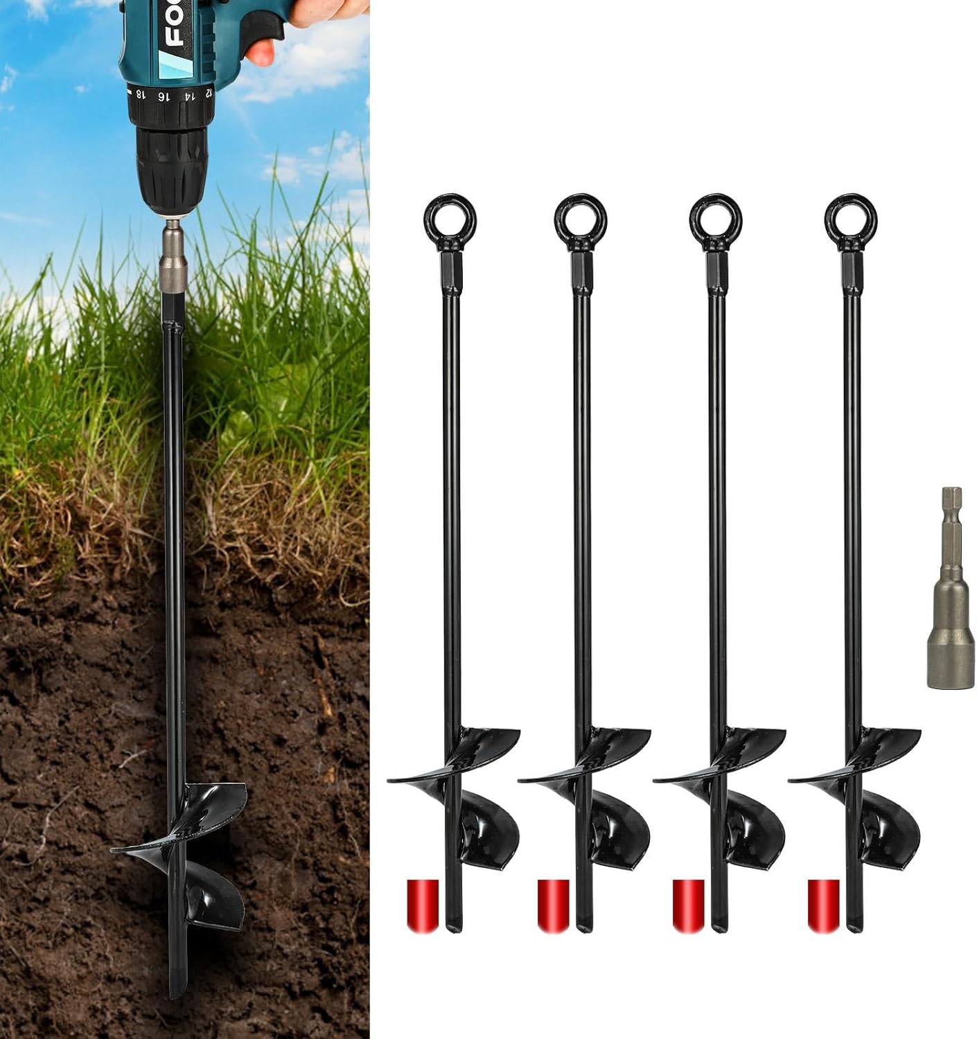18\u201DGround Anchors，Trampoline Stakes， 3" Helix Diameter, with Drill Bits，Can Be Used Heavy Duty Anchor Hook for Camping Tent, Canopies, Car Ports, Sheds, Swing Sets, Securing Animals(6pcs)