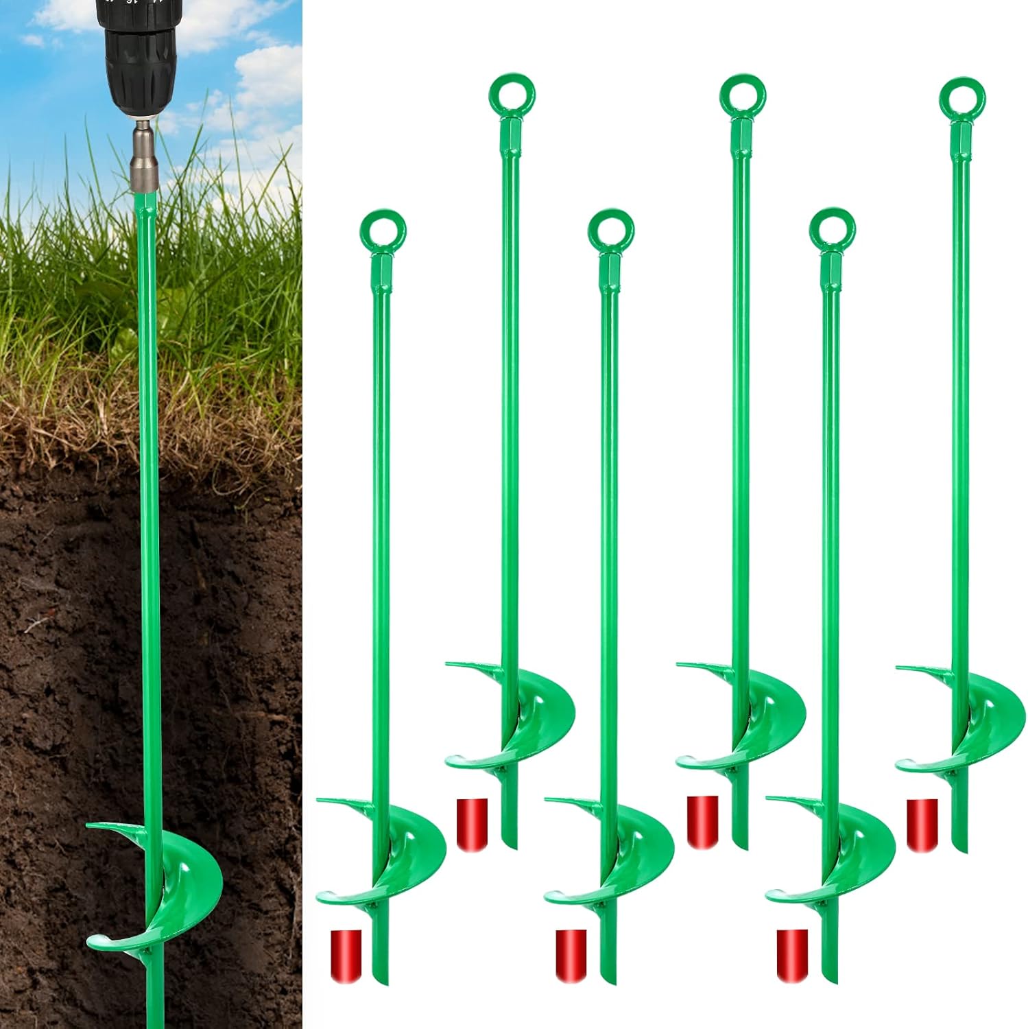 18\u201DGround Anchors，Trampoline Stakes， 3" Helix Diameter, with Drill Bits，Can Be Used Heavy Duty Anchor Hook for Camping Tent, Canopies, Car Ports, Sheds, Swing Sets, Securing Animals(6pcs)