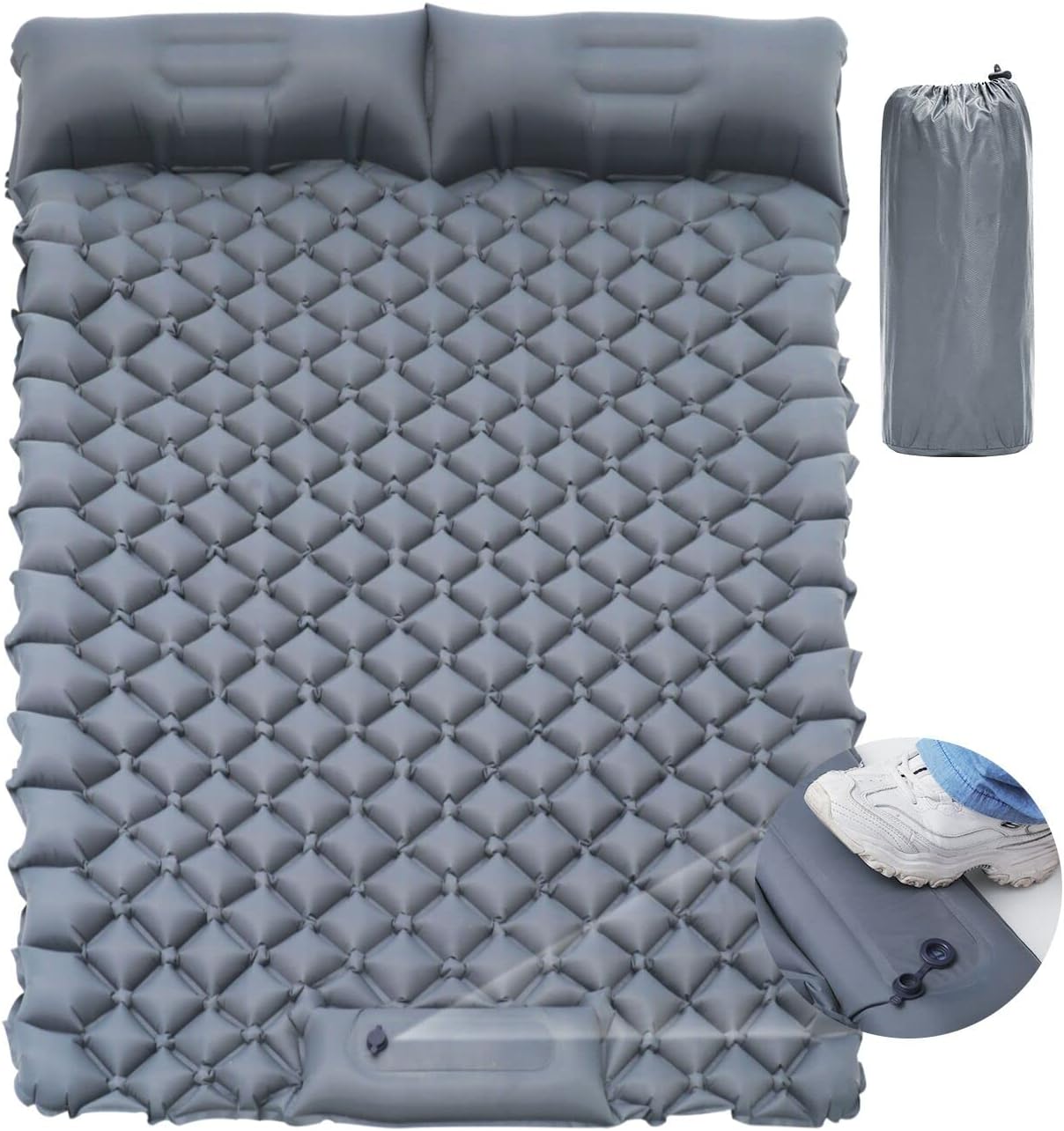 2 Person Camping Sleeping Pad and Pillow- Upgrade Double Self Inflating Camping pad Lightweight Waterproof Durable Camping Mattress Pad Bed Foot Pump for Backpacking Tent Hiking