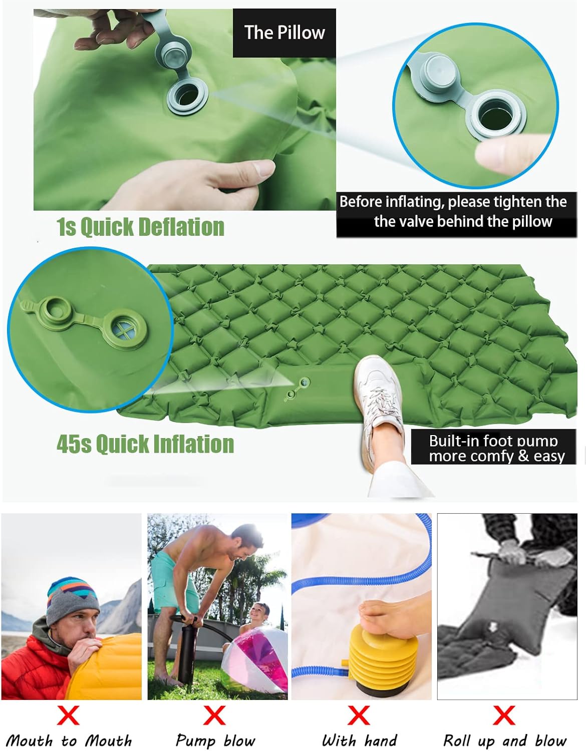 2 Person Camping Sleeping Pad and Pillow- Upgrade Double Self Inflating Camping pad Lightweight Waterproof Durable Camping Mattress Pad Bed Foot Pump for Backpacking Tent Hiking