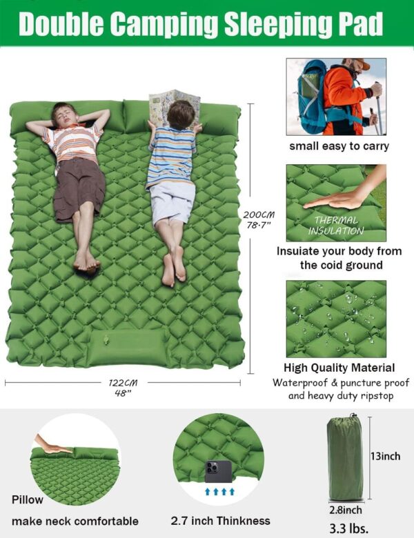 2 Person Camping Sleeping Pad and Pillow- Upgrade Double Self Inflating Camping pad Lightweight Waterproof Durable Camping Mattress Pad Bed Foot Pump for Backpacking Tent Hiking