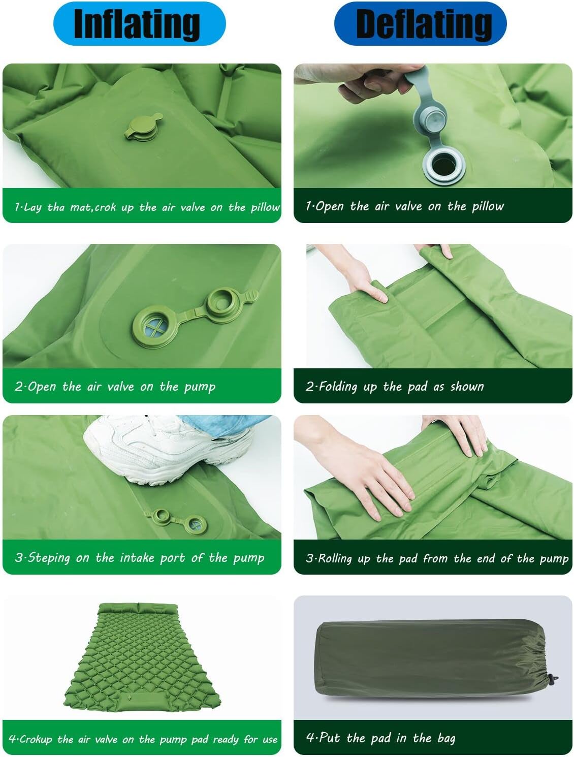 2 Person Camping Sleeping Pad and Pillow- Upgrade Double Self Inflating Camping pad Lightweight Waterproof Durable Camping Mattress Pad Bed Foot Pump for Backpacking Tent Hiking