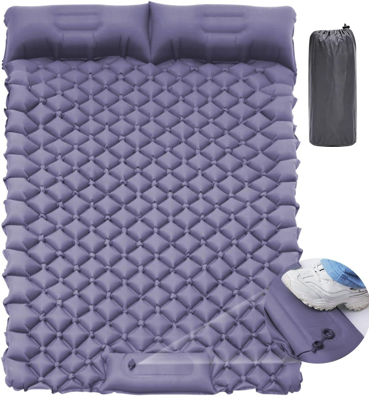 2 Person Camping Sleeping Pad and Pillow- Upgrade Double Self Inflating Camping pad Lightweight Waterproof Durable Camping Mattress Pad Bed Foot Pump for Backpacking Tent Hiking