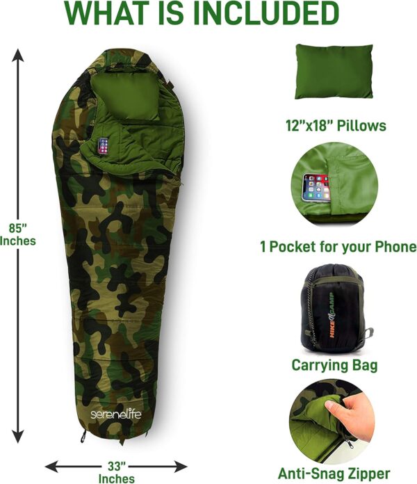Backpacking Sleeping Bag Camping Gear - Mummy Sleeping Bag For Adults\/Teens w\/ Pillow, Bag - Outdoor Lightweight Weather Proof Sleeping Bag - Camping, Hiking Traveling - SereneLife