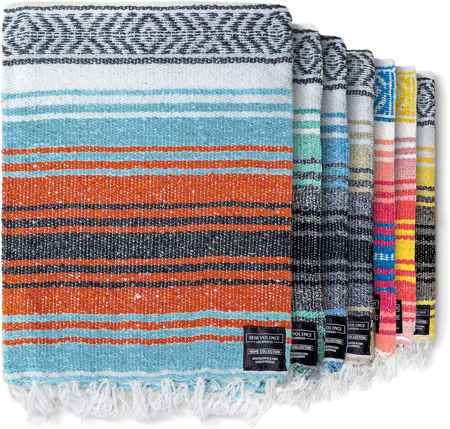 Benevolence LA Authentic Mexican Cotton Acrylic Blanket, Handwoven Serape Blanket, Perfect for Beach, Picnic, Outdoor, Yoga, Camping, Car, Woven, Sky Blue, 50x70 inches