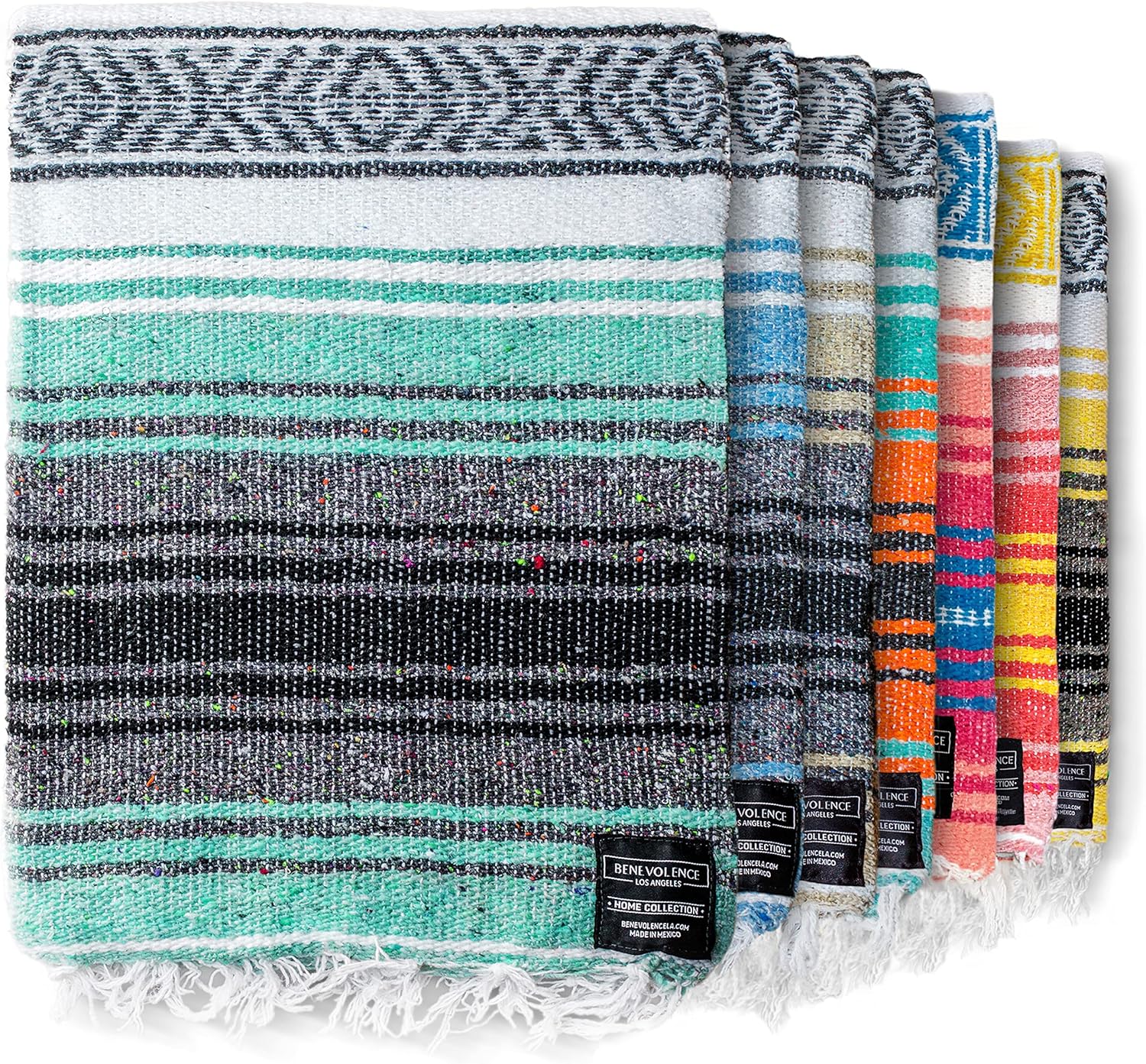 Benevolence LA Authentic Mexican Cotton Acrylic Blanket, Handwoven Serape Blanket, Perfect for Beach, Picnic, Outdoor, Yoga, Camping, Car, Woven, Sky Blue, 50x70 inches