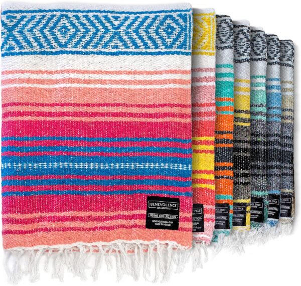 Benevolence LA Authentic Mexican Cotton Acrylic Blanket, Handwoven Serape Blanket, Perfect for Beach, Picnic, Outdoor, Yoga, Camping, Car, Woven, Sky Blue, 50x70 inches