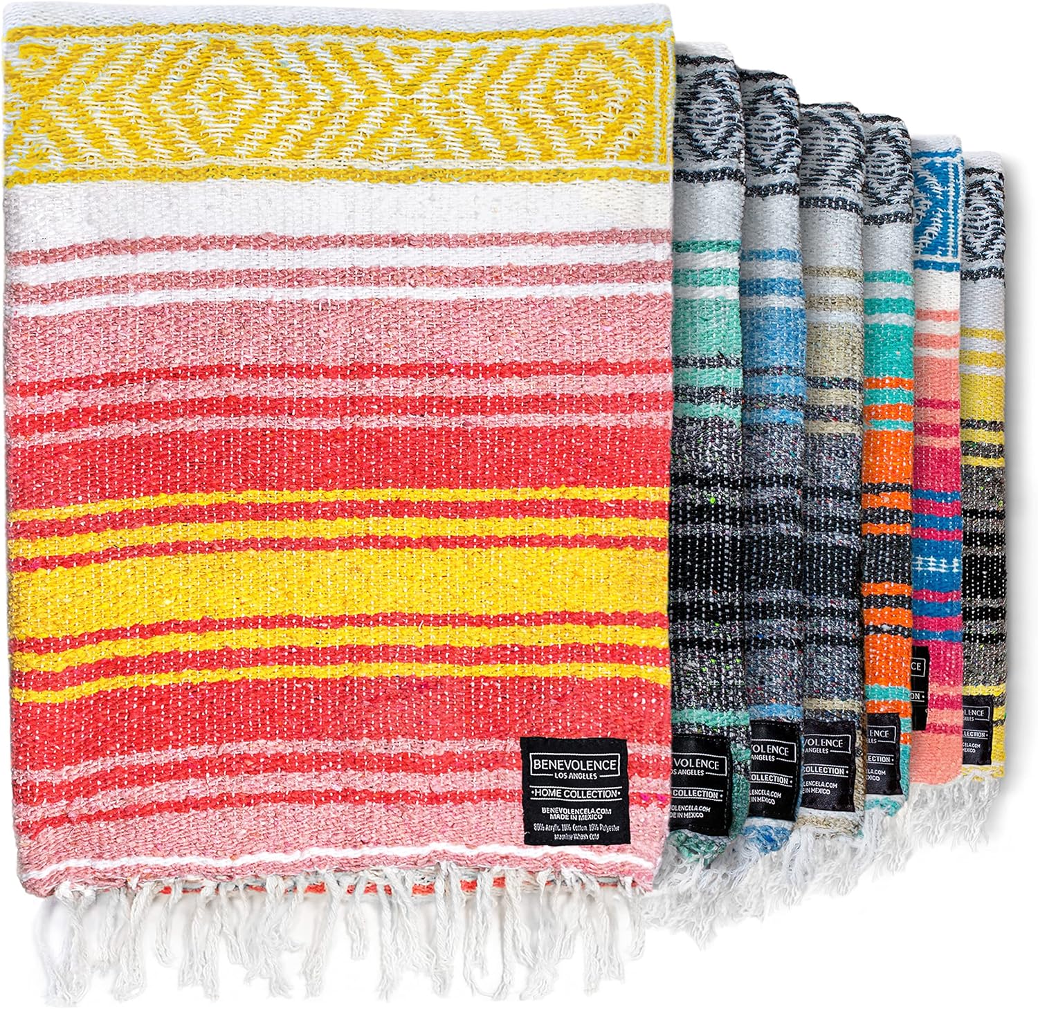 Benevolence LA Authentic Mexican Cotton Acrylic Blanket, Handwoven Serape Blanket, Perfect for Beach, Picnic, Outdoor, Yoga, Camping, Car, Woven, Sky Blue, 50x70 inches