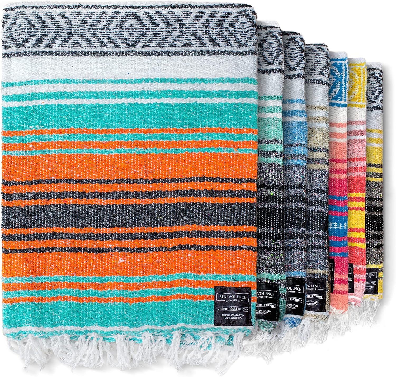 Benevolence LA Authentic Mexican Cotton Acrylic Blanket, Handwoven Serape Blanket, Perfect for Beach, Picnic, Outdoor, Yoga, Camping, Car, Woven, Sky Blue, 50x70 inches