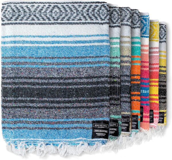 Benevolence LA Authentic Mexican Cotton Acrylic Blanket, Handwoven Serape Blanket, Perfect for Beach, Picnic, Outdoor, Yoga, Camping, Car, Woven, Sky Blue, 50x70 inches