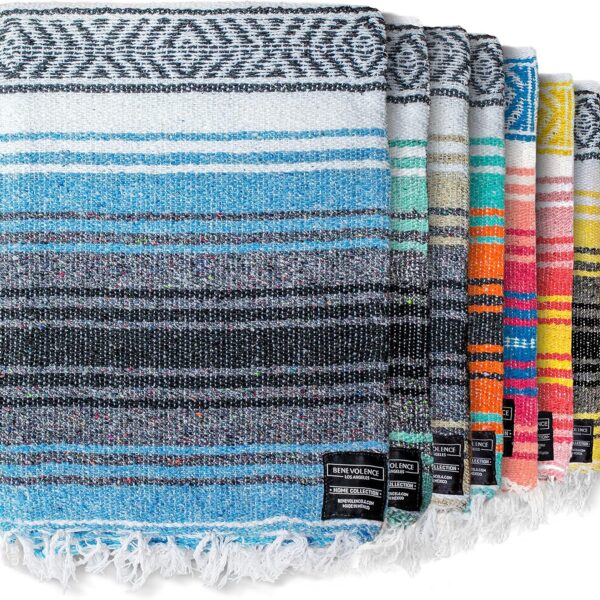 Benevolence LA Authentic Mexican Cotton Acrylic Blanket, Handwoven Serape Blanket, Perfect for Beach, Picnic, Outdoor, Yoga, Camping, Car, Woven, Sky Blue, 50x70 inches