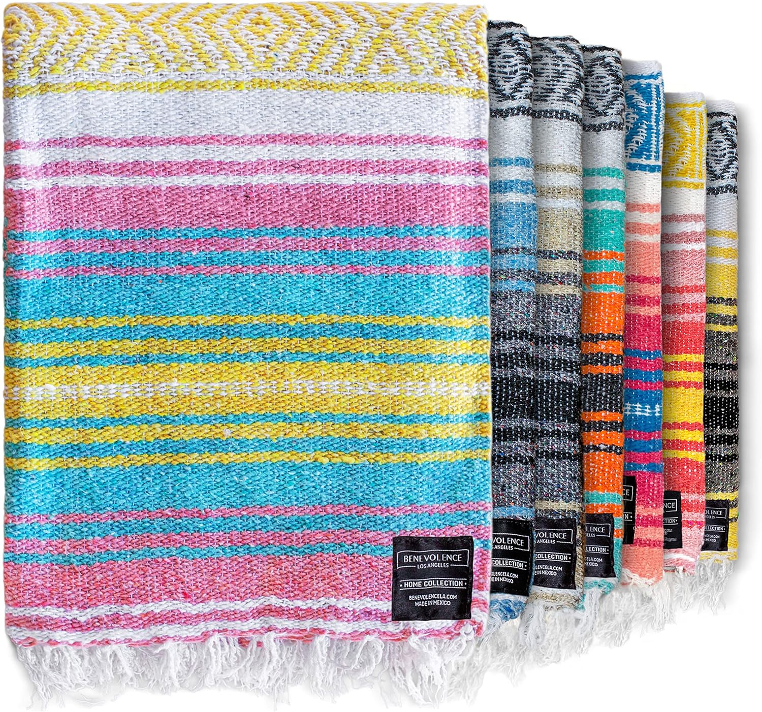 Benevolence LA Authentic Mexican Cotton Acrylic Blanket, Handwoven Serape Blanket, Perfect for Beach, Picnic, Outdoor, Yoga, Camping, Car, Woven, Sky Blue, 50x70 inches
