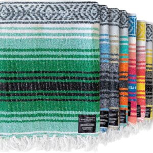 Benevolence LA Authentic Mexican Cotton Acrylic Blanket, Handwoven Serape Blanket, Perfect for Beach, Picnic, Outdoor, Yoga, Camping, Car, Woven, Sky Blue, 50x70 inches