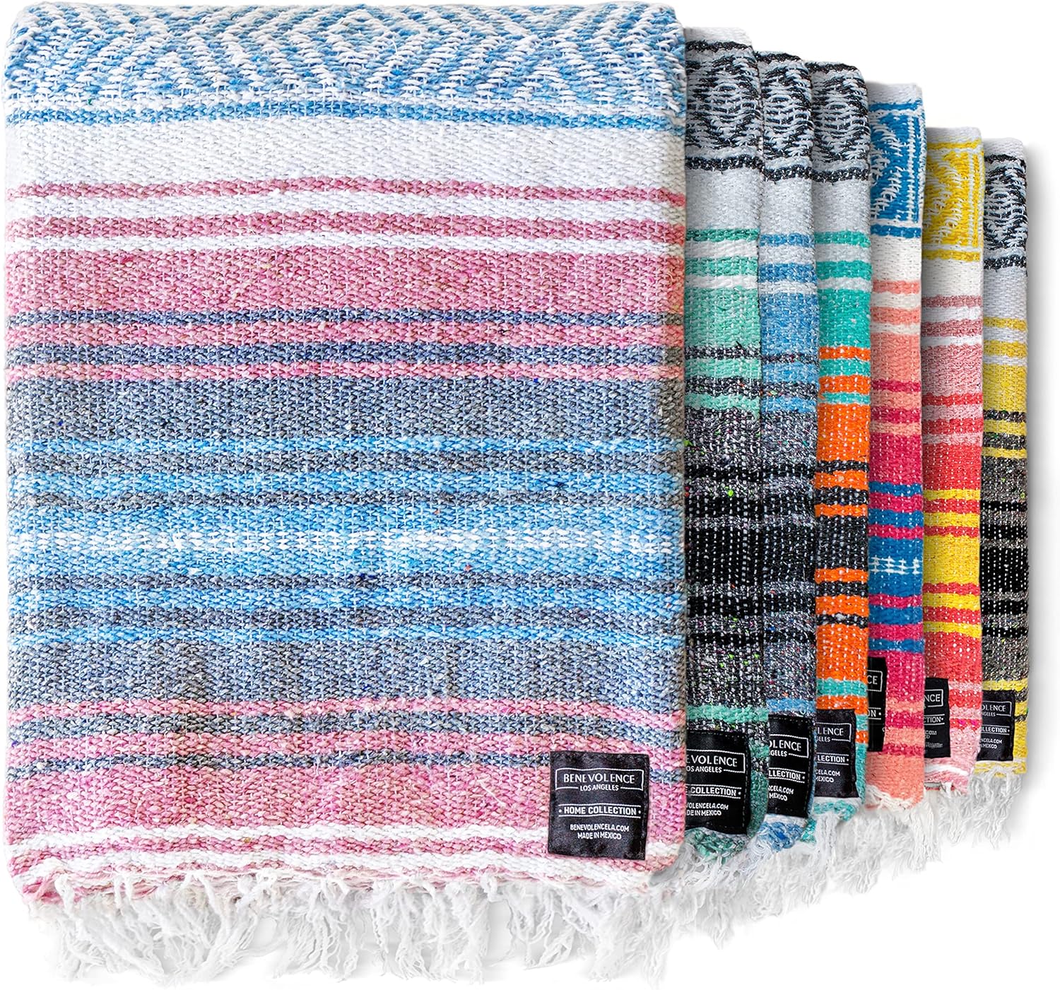 Benevolence LA Authentic Mexican Cotton Acrylic Blanket, Handwoven Serape Blanket, Perfect for Beach, Picnic, Outdoor, Yoga, Camping, Car, Woven, Sky Blue, 50x70 inches