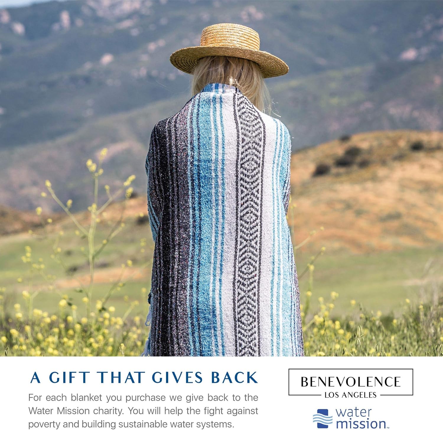 Benevolence LA Authentic Mexican Cotton Acrylic Blanket, Handwoven Serape Blanket, Perfect for Beach, Picnic, Outdoor, Yoga, Camping, Car, Woven, Sky Blue, 50x70 inches