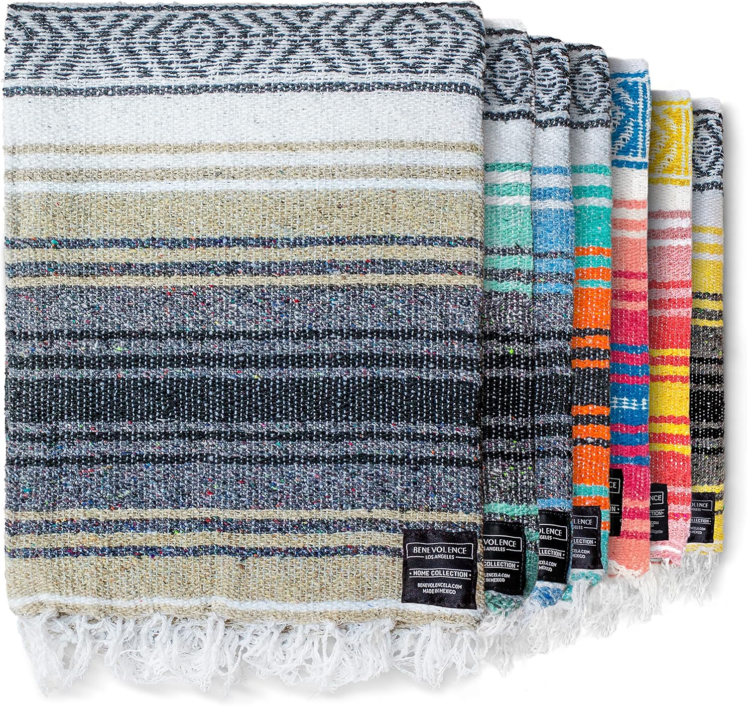 Benevolence LA Authentic Mexican Cotton Acrylic Blanket, Handwoven Serape Blanket, Perfect for Beach, Picnic, Outdoor, Yoga, Camping, Car, Woven, Sky Blue, 50x70 inches