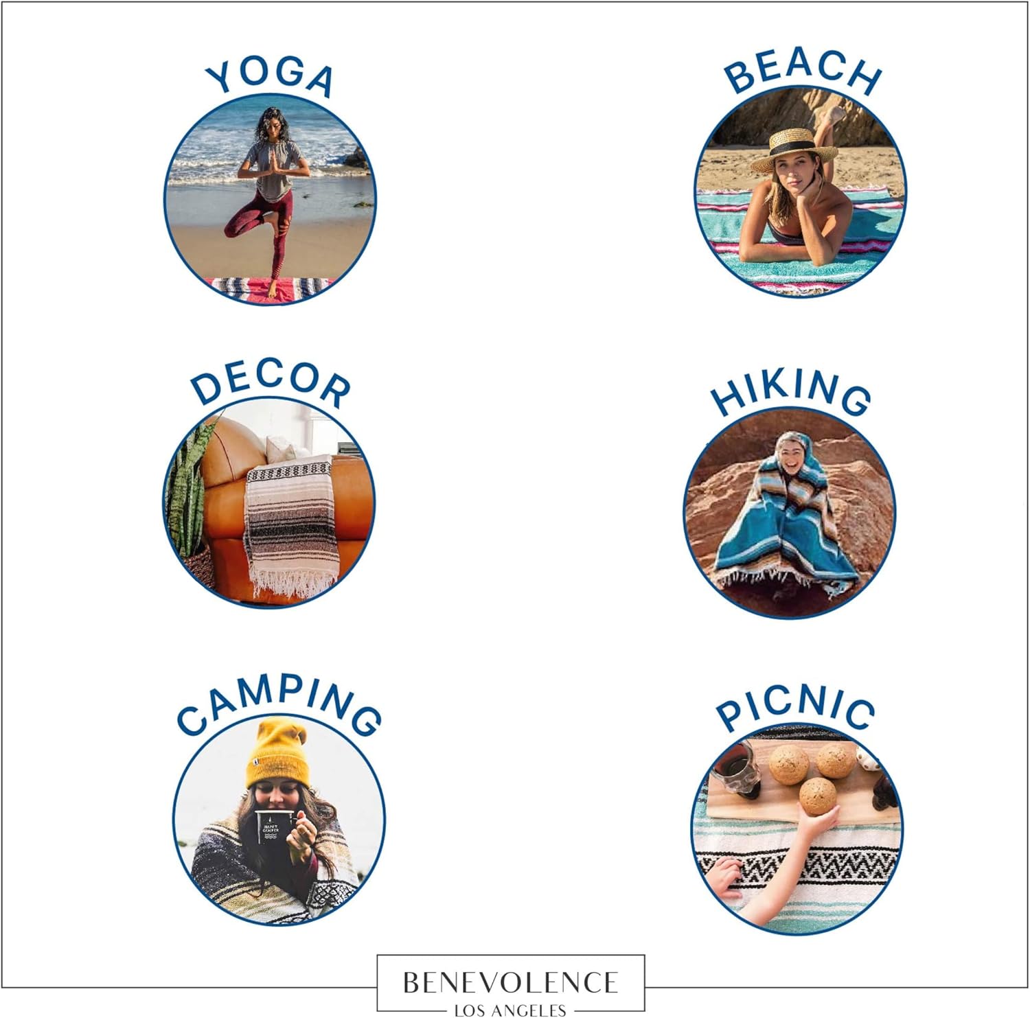 Benevolence LA Authentic Mexican Cotton Acrylic Blanket, Handwoven Serape Blanket, Perfect for Beach, Picnic, Outdoor, Yoga, Camping, Car, Woven, Sky Blue, 50x70 inches