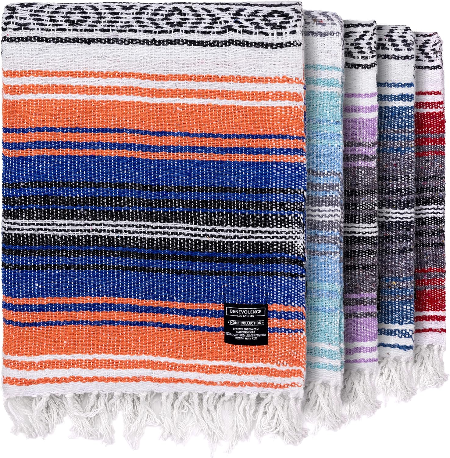 Benevolence LA Authentic Mexican Cotton Acrylic Blanket, Handwoven Serape Blanket, Perfect for Beach, Picnic, Outdoor, Yoga, Camping, Car, Woven, Sky Blue, 50x70 inches