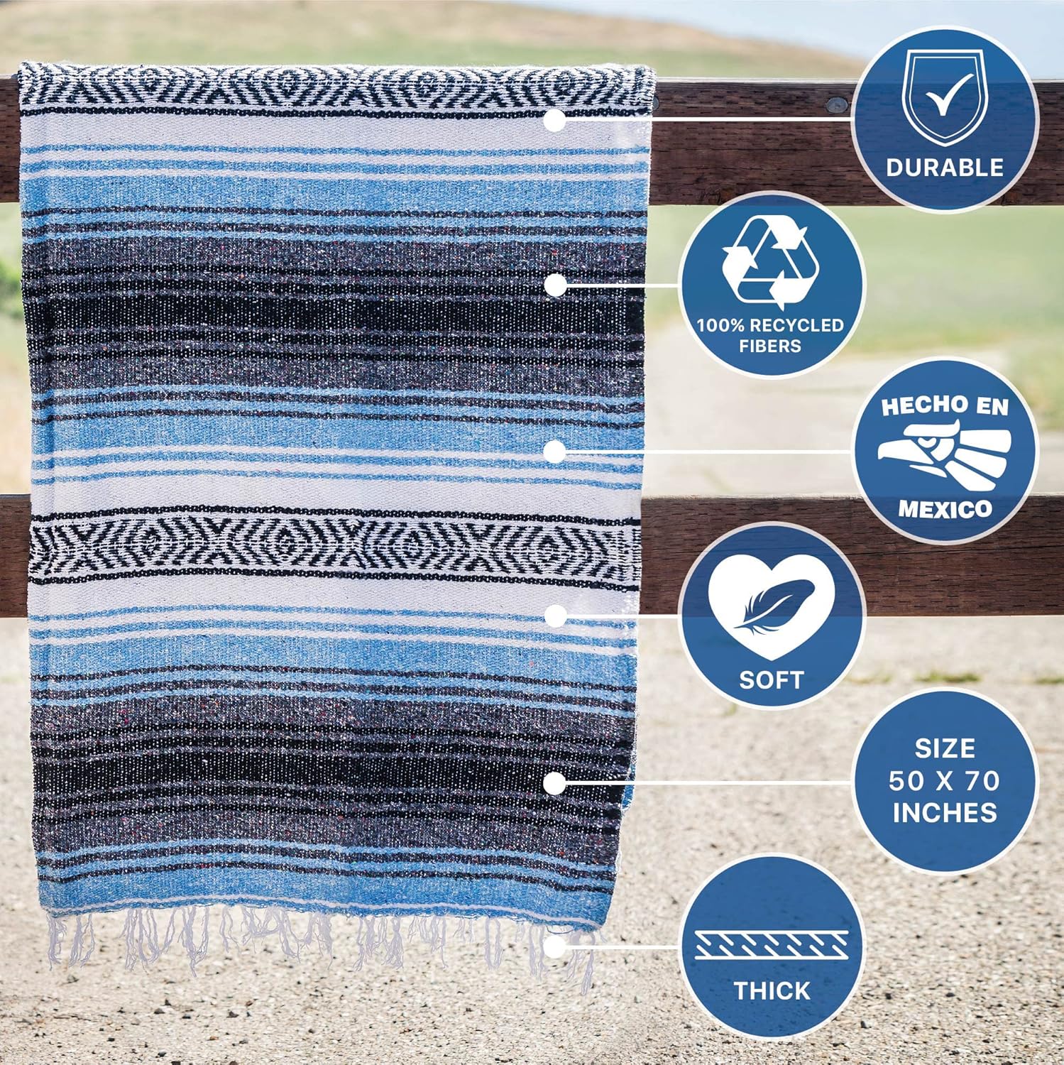 Benevolence LA Authentic Mexican Cotton Acrylic Blanket, Handwoven Serape Blanket, Perfect for Beach, Picnic, Outdoor, Yoga, Camping, Car, Woven, Sky Blue, 50x70 inches