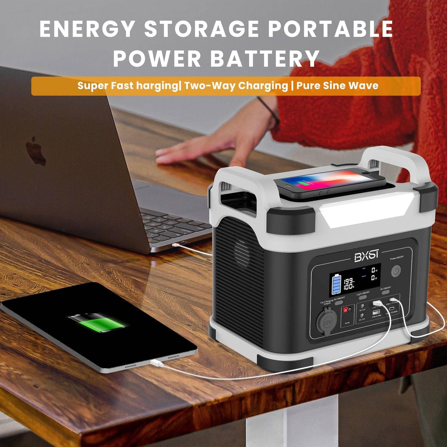 BXST Protable Power Station 1000W\/110V Pure Sine Wave Solar Generator Bidirectional Fast Charging1120Wh\/350000mAh Wireless Charging Solar Generator for Outdoor Camping Travel Hunting Blackout