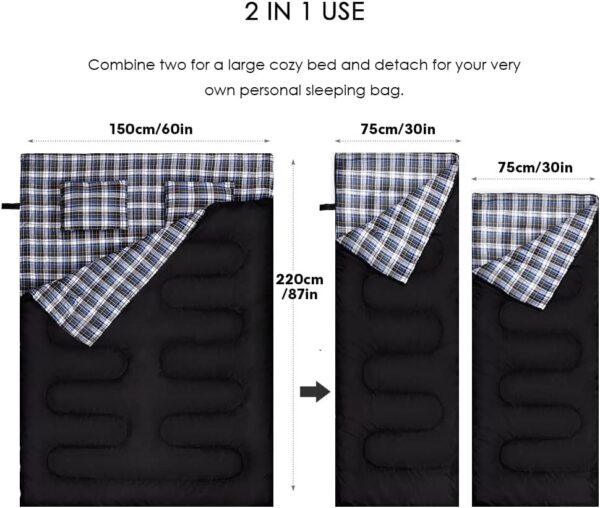 CANWAY Double Sleeping Bag,2 Person Sleeping Bag Lightweight Waterproof with 2 Pillows for Camping, Backpacking, or Hiking for Adults or Teens Queen Size XL & XXL