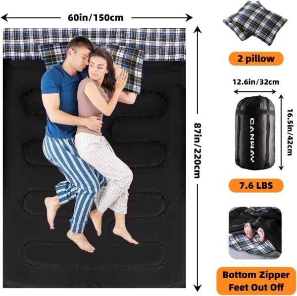CANWAY Double Sleeping Bag,2 Person Sleeping Bag Lightweight Waterproof with 2 Pillows for Camping, Backpacking, or Hiking for Adults or Teens Queen Size XL & XXL