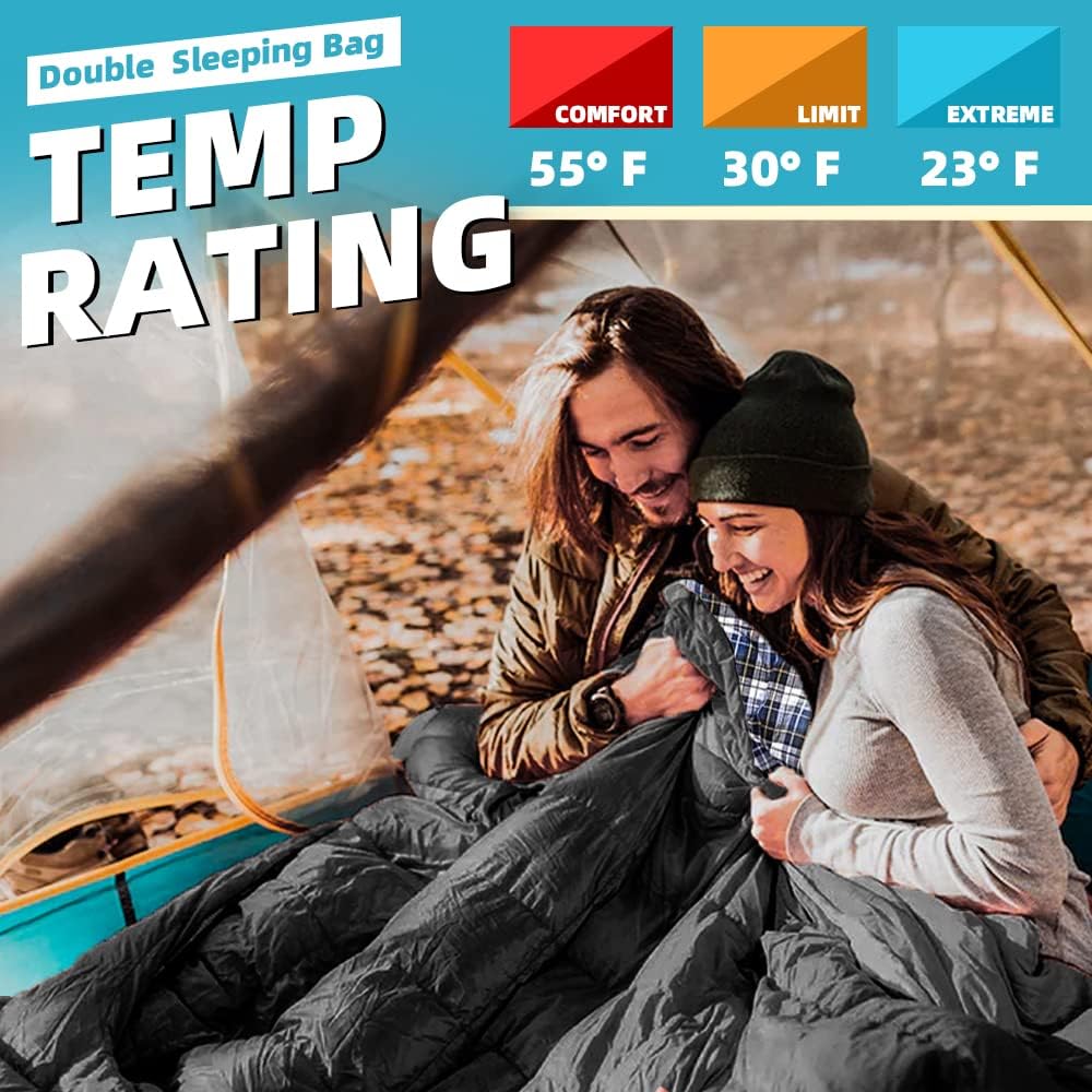CANWAY Double Sleeping Bag,2 Person Sleeping Bag Lightweight Waterproof with 2 Pillows for Camping, Backpacking, or Hiking for Adults or Teens Queen Size XL & XXL