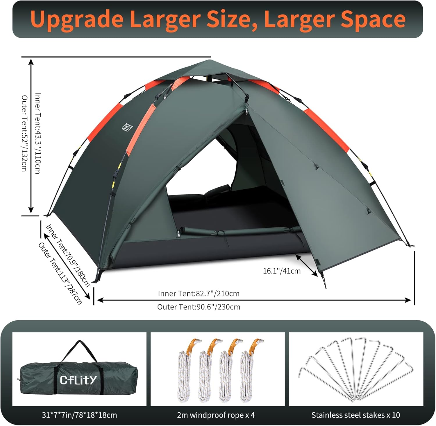 Cflity Camping Tent, 3 Person Instant Pop Up Tent Waterproof Three Layer Automatic Dome Tent, Large Lightweight 4 Seasons Tent, Backpacking Tent with Removable Rain-Fly 2 Extensible Porch for Camping