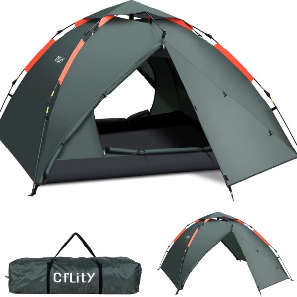 Cflity Camping Tent, 3 Person Instant Pop Up Tent Waterproof Three Layer Automatic Dome Tent, Large Lightweight 4 Seasons Tent, Backpacking Tent with Removable Rain-Fly 2 Extensible Porch for Camping