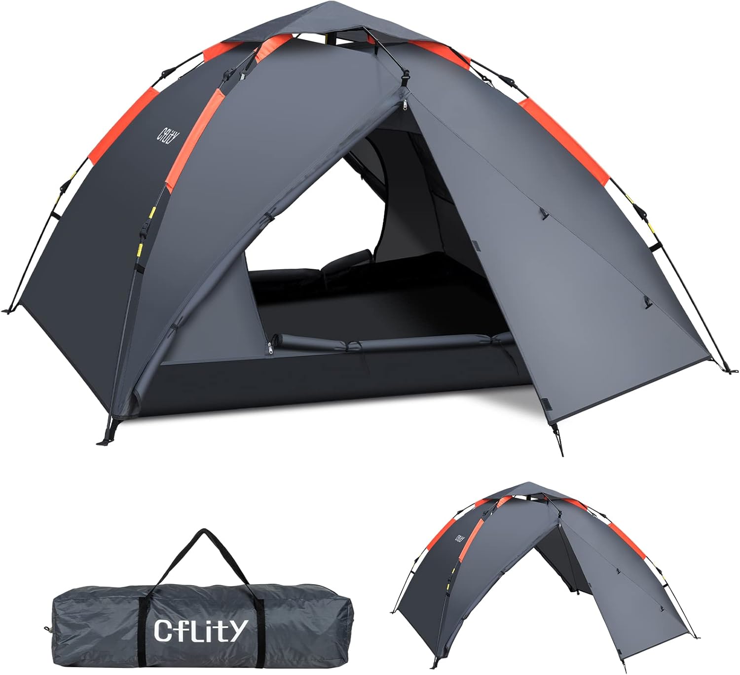 Cflity Camping Tent, 3 Person Instant Pop Up Tent Waterproof Three Layer Automatic Dome Tent, Large Lightweight 4 Seasons Tent, Backpacking Tent with Removable Rain-Fly 2 Extensible Porch for Camping