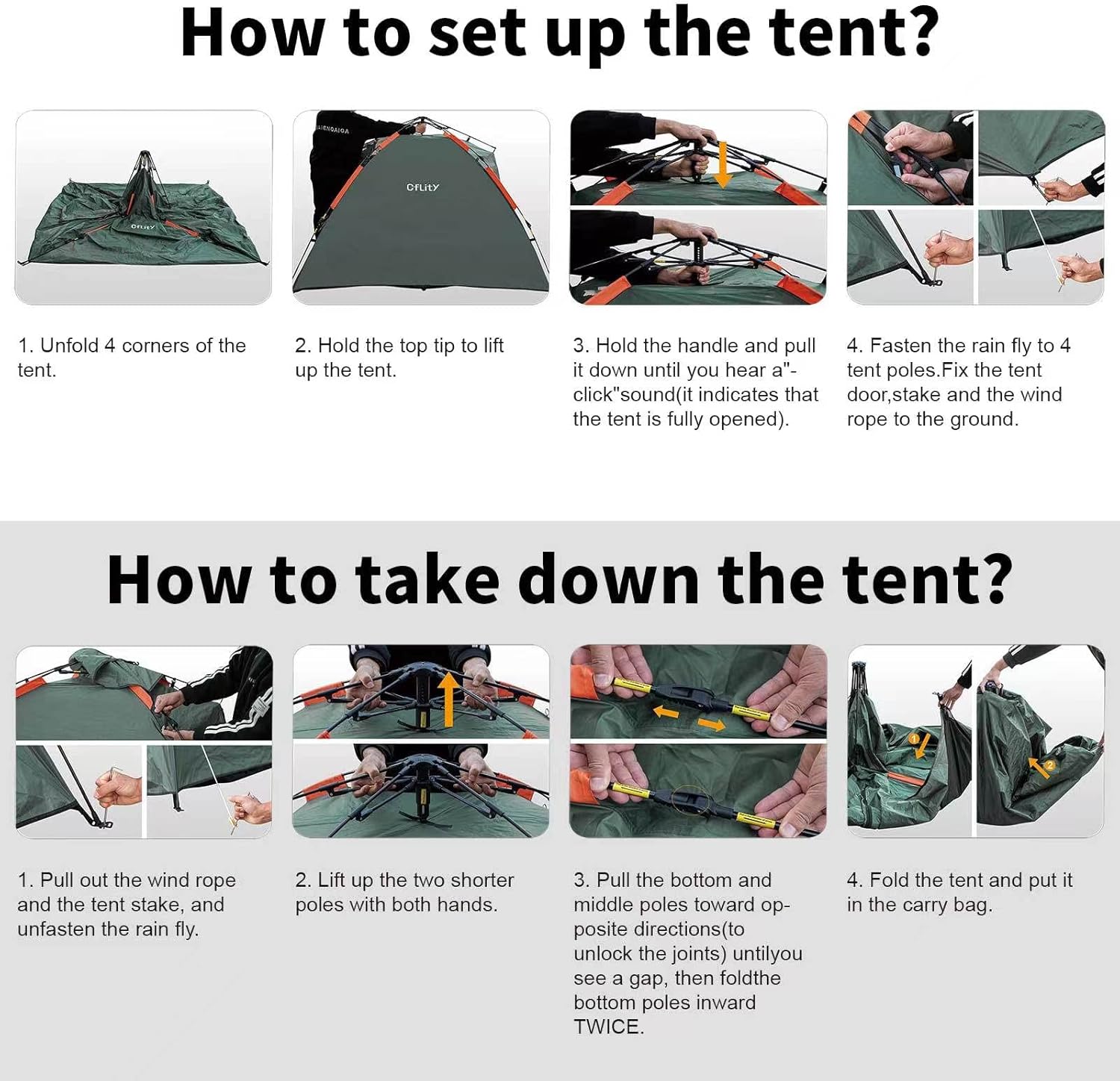 Cflity Camping Tent, 3 Person Instant Pop Up Tent Waterproof Three Layer Automatic Dome Tent, Large Lightweight 4 Seasons Tent, Backpacking Tent with Removable Rain-Fly 2 Extensible Porch for Camping