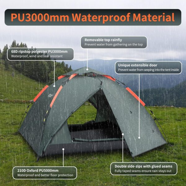 Cflity Camping Tent, 3 Person Instant Pop Up Tent Waterproof Three Layer Automatic Dome Tent, Large Lightweight 4 Seasons Tent, Backpacking Tent with Removable Rain-Fly 2 Extensible Porch for Camping