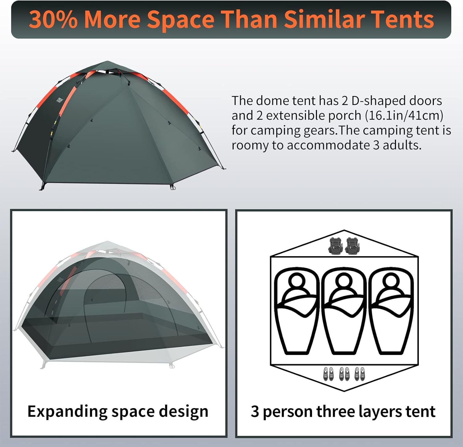 Cflity Camping Tent, 3 Person Instant Pop Up Tent Waterproof Three Layer Automatic Dome Tent, Large Lightweight 4 Seasons Tent, Backpacking Tent with Removable Rain-Fly 2 Extensible Porch for Camping