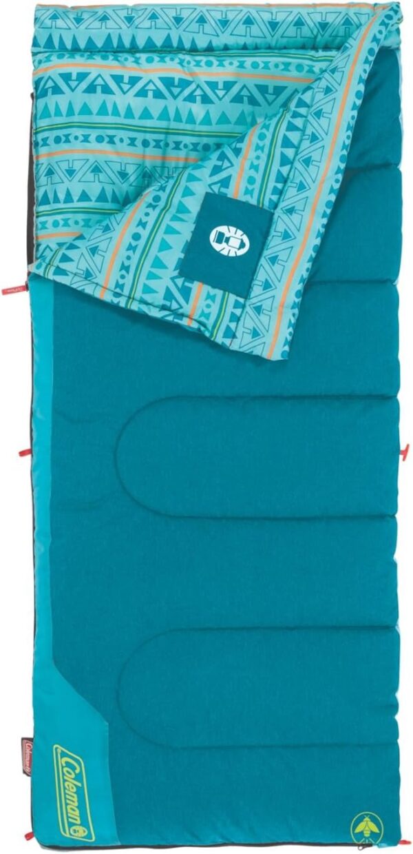 Coleman Kids 50°F Sleeping Bag, Comfortable Camping Sleeping Bag for Kids, Fits Children up to 5ft Tall, Glow in the Dark Design, Stuff Sack Included, Machine Washable