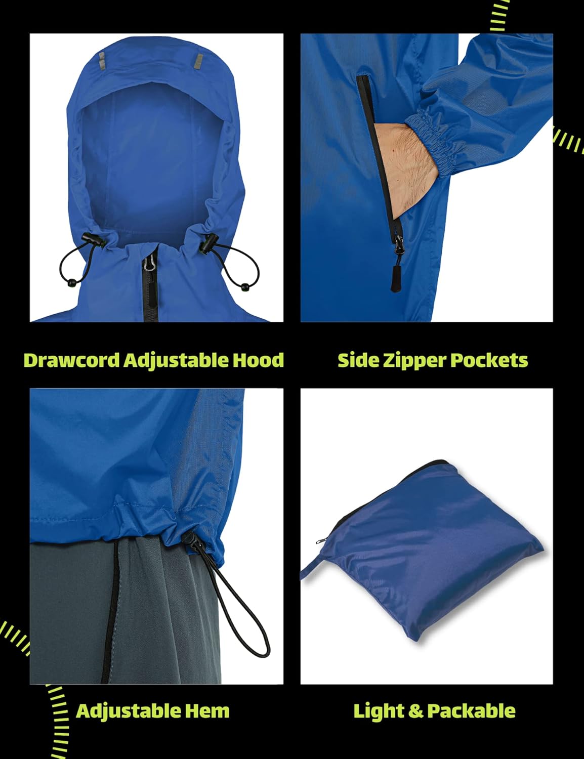 DEMOZU Men's Lightweight Running Cycling Rain Jacket Packable Hooded Windbreaker Jacket