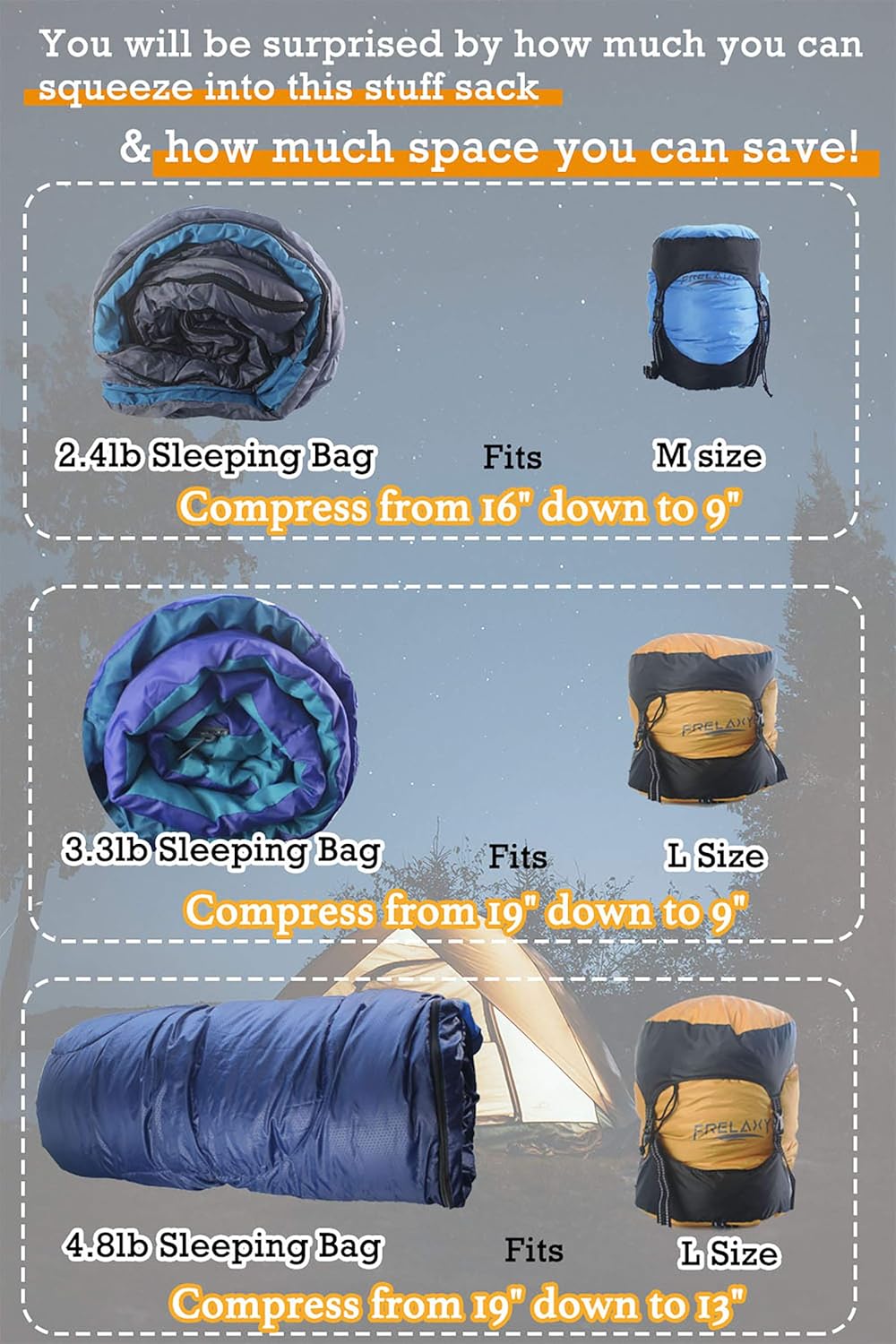 Frelaxy Compression Sack, 40% More Storage! 11L\/18L\/30L\/45L\/52L Compression Stuff Sack, Water-Resistant & Ultralight Sleeping Bag Stuff Sack - Space Saving Gear for Camping, Hiking, Backpacking