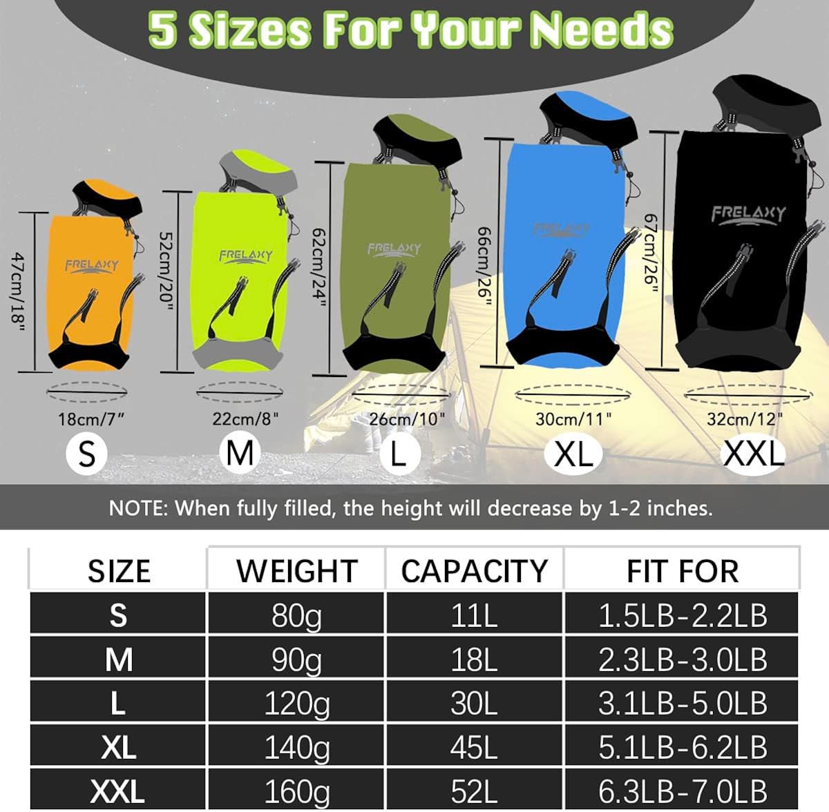 Frelaxy Compression Sack, 40% More Storage! 11L\/18L\/30L\/45L\/52L Compression Stuff Sack, Water-Resistant & Ultralight Sleeping Bag Stuff Sack - Space Saving Gear for Camping, Hiking, Backpacking