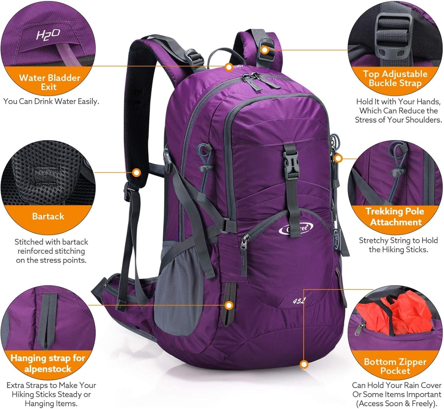 G4Free 45L Hiking Travel Backpack Waterproof with Rain Cover, Outdoor Camping Daypack for Men Women