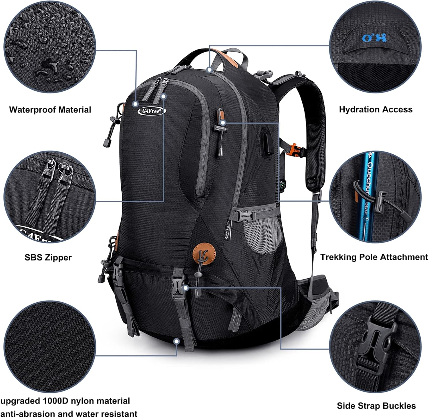 G4Free 50L Hiking Backpack Waterproof Daypack Outdoor Camping Climbing Backpack with Rain Cover for Men Women