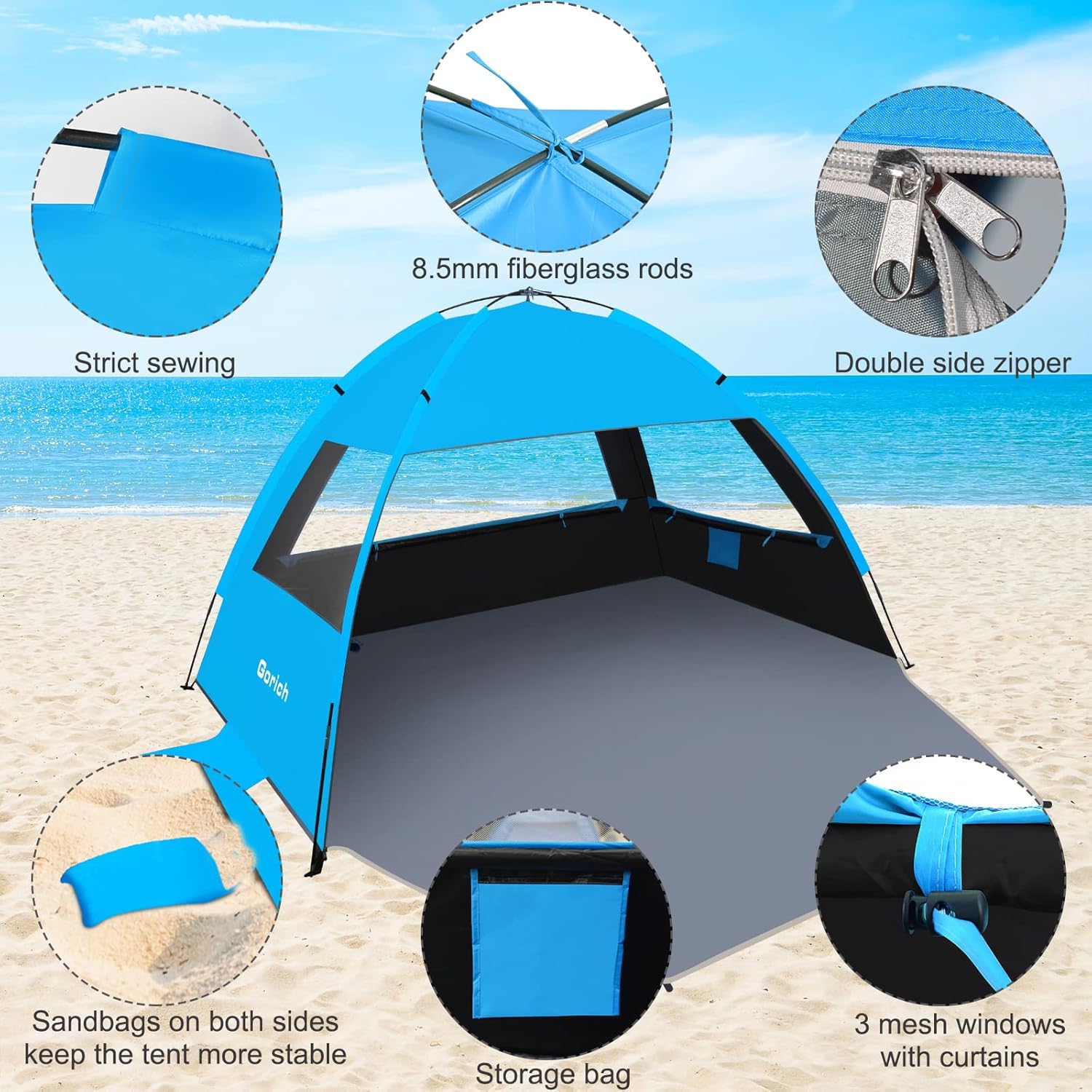Gorich Beach Tent, Beach Shade Tent for 3\/4-5\/6-7\/8-10 Person with UPF 50+ UV Protection, Portable Beach Tent Sun Shelter Canopy, Lightweight & Easy Setup Cabana Beach Tent