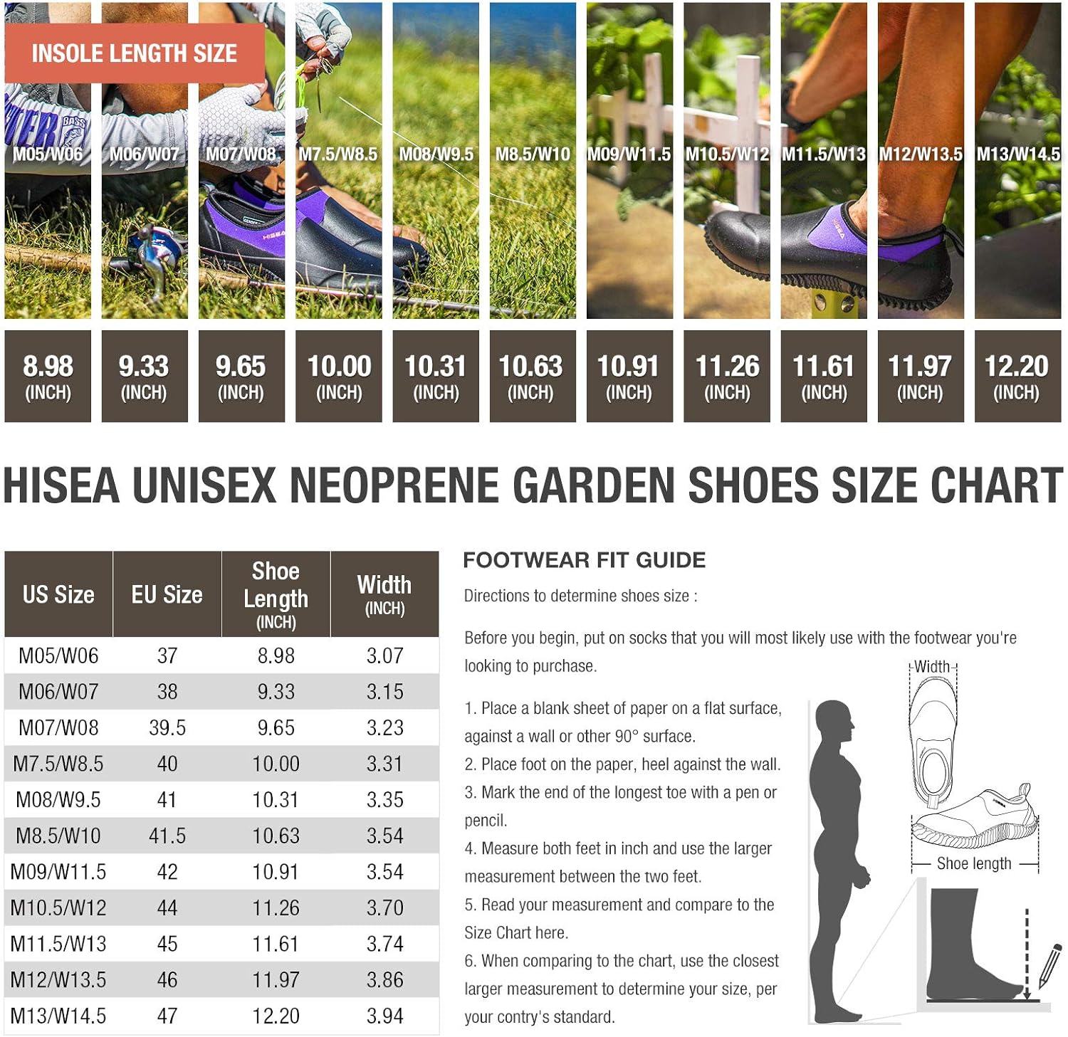 HISEA Unisex Waterproof Garden Shoes, Men's Ankle Rain Boots Women's Slip-On Footwear Rain Shoe Rubber Neoprene Outdoor Booties for Gardening, Farming, Camping, Car Wash, Lawn Care and Yard Work