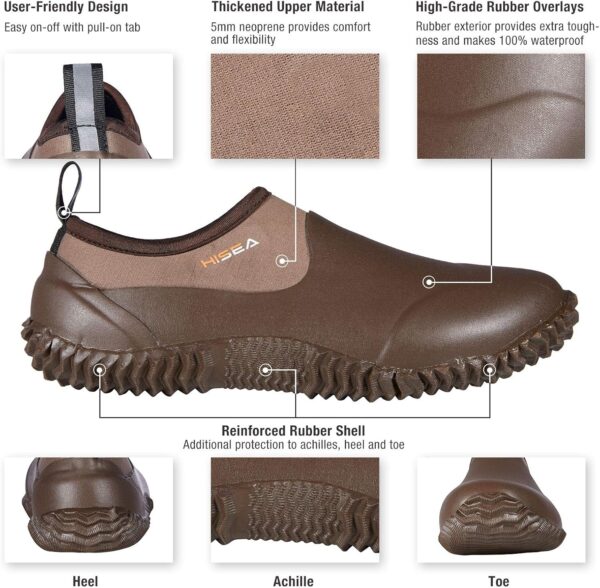 HISEA Unisex Waterproof Garden Shoes, Men's Ankle Rain Boots Women's Slip-On Footwear Rain Shoe Rubber Neoprene Outdoor Booties for Gardening, Farming, Camping, Car Wash, Lawn Care and Yard Work