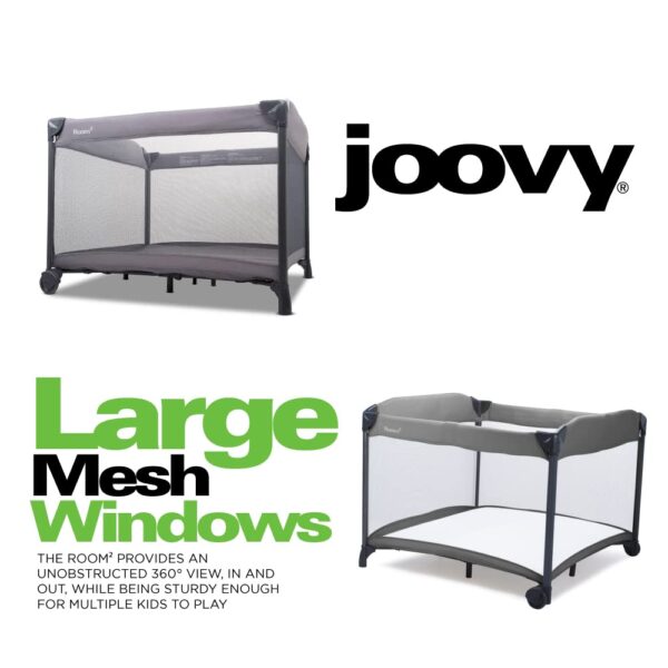 Joovy Room² Large Portable Playpen for Babies and Toddlers with Nearly 10 sq ft of Space, Large Mesh Windows for 360 View, and Waterproof Mattress Sheet - Folds Easily when Not in Use (Charcoal)