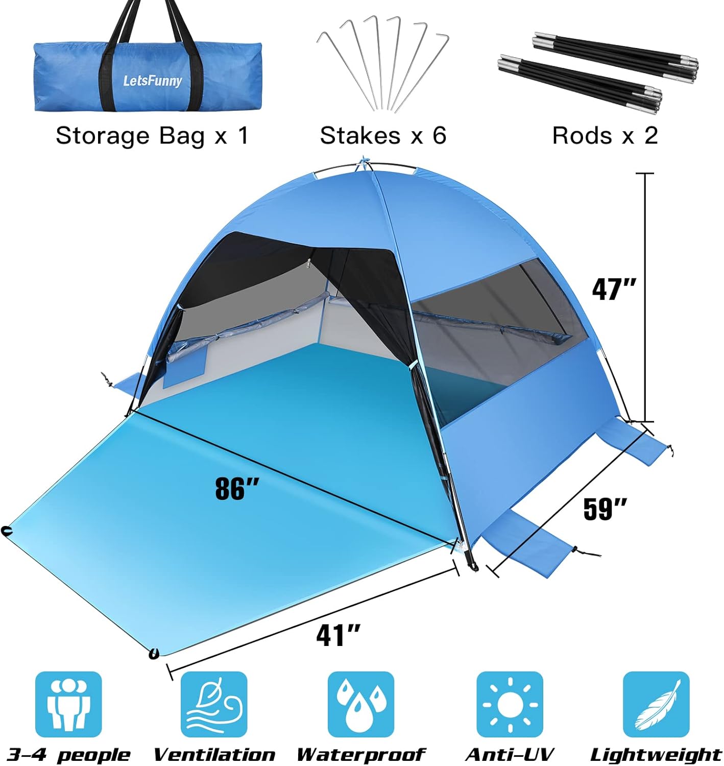 Large Easy Setup Beach Tent,Anti-UV Beach Shade Shelter Beach Canopy Tent Sun Shade with Extended Floor & 3 Mesh Roll Up Windows Fits 3-4 Person,Portable Shade Tent for Outdoor Camping Fishing (Blue)